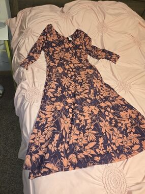 Pact Fit & Flare Easy Dress Floral Purple Coral Maxi Dress - Long Sleeve Size S